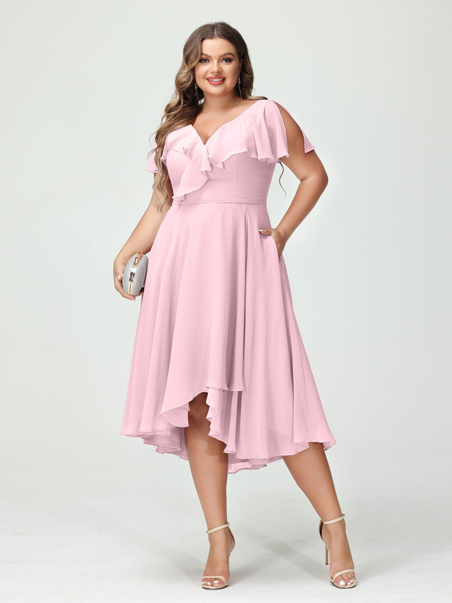 Plus Size Chiffon Bridesmaid Dress with V-Neck, Short Sleeves, and High-Low A-Line/Princess Silhouette featuring Pockets & Ruffles-BMbridal.UK