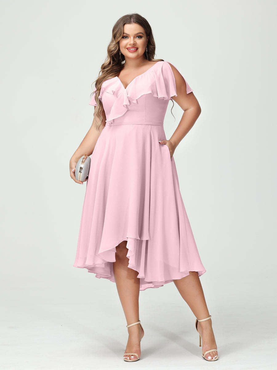 Plus Size Chiffon Bridesmaid Dress with V-Neck, Short Sleeves, and High-Low A-Line/Princess Silhouette featuring Pockets & Ruffles-BMbridal.UK