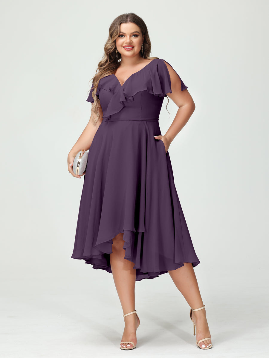Plus Size Chiffon Bridesmaid Dress with V-Neck, Short Sleeves, and High-Low A-Line/Princess Silhouette featuring Pockets & Ruffles-BMbridal.UK