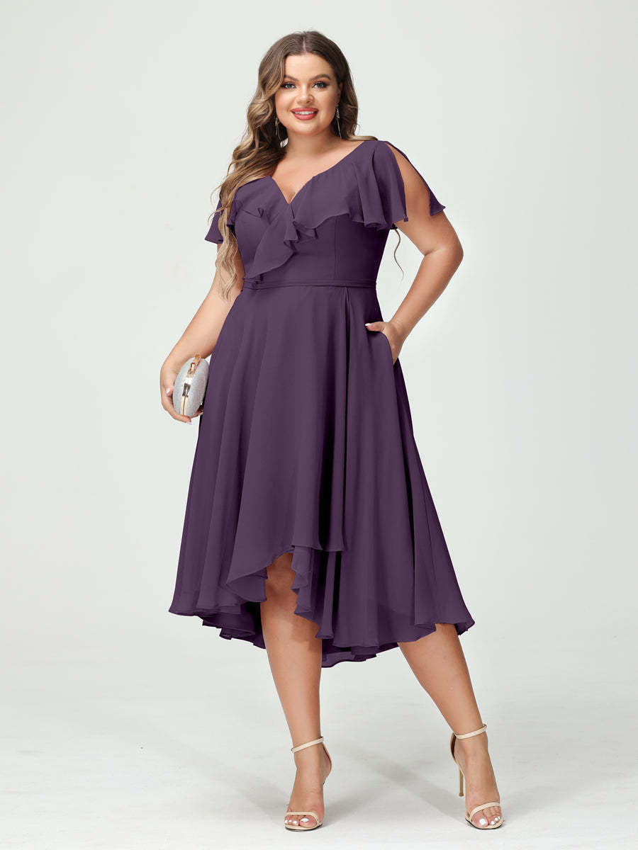 Plus Size Chiffon Bridesmaid Dress with V-Neck, Short Sleeves, and High-Low A-Line/Princess Silhouette featuring Pockets & Ruffles-BMbridal.UK