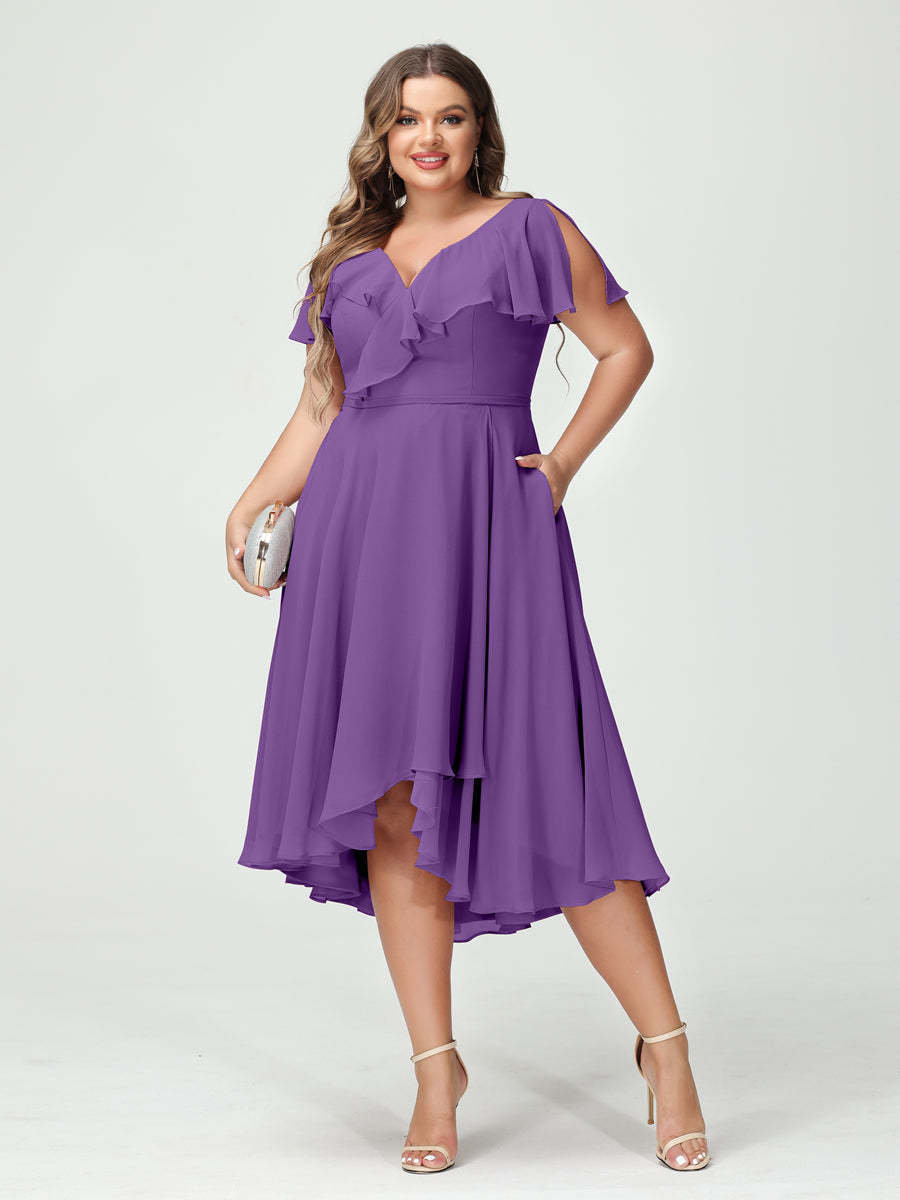 Plus Size Chiffon Bridesmaid Dress with V-Neck, Short Sleeves, and High-Low A-Line/Princess Silhouette featuring Pockets & Ruffles-BMbridal.UK