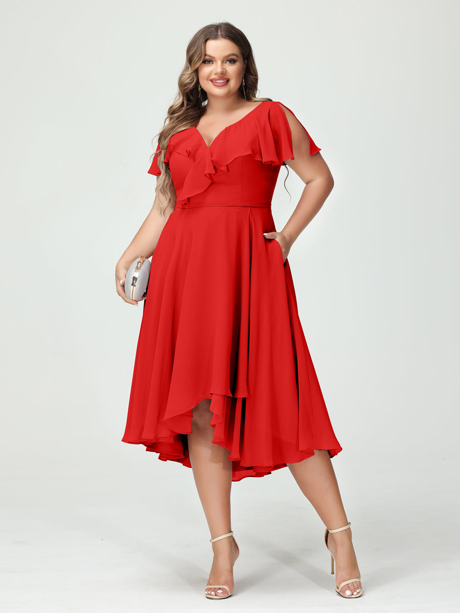 Plus Size Chiffon Bridesmaid Dress with V-Neck, Short Sleeves, and High-Low A-Line/Princess Silhouette featuring Pockets & Ruffles-BMbridal.UK