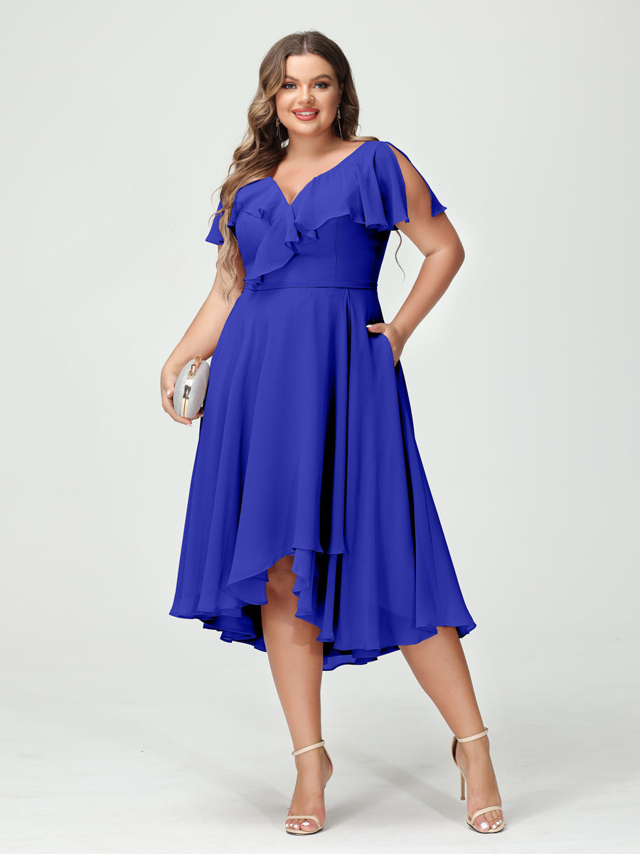Plus Size Chiffon Bridesmaid Dress with V-Neck, Short Sleeves, and High-Low A-Line/Princess Silhouette featuring Pockets & Ruffles-BMbridal.UK