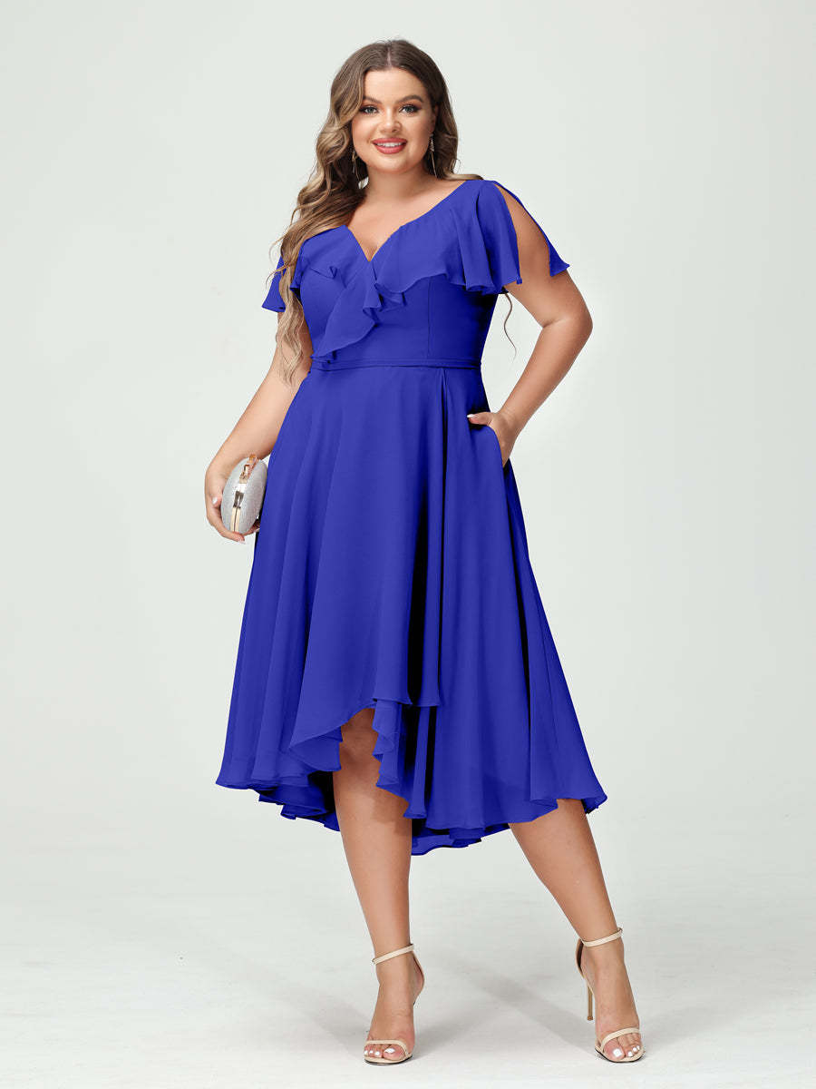 Plus Size Chiffon Bridesmaid Dress with V-Neck, Short Sleeves, and High-Low A-Line/Princess Silhouette featuring Pockets & Ruffles-BMbridal.UK