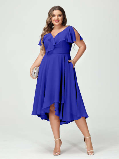 Plus Size Chiffon Bridesmaid Dress with V-Neck, Short Sleeves, and High-Low A-Line/Princess Silhouette featuring Pockets & Ruffles-BMbridal.UK