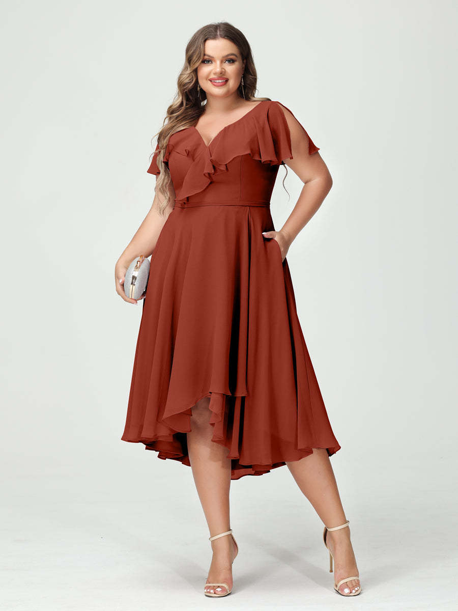 Plus Size Chiffon Bridesmaid Dress with V-Neck, Short Sleeves, and High-Low A-Line/Princess Silhouette featuring Pockets & Ruffles-BMbridal.UK