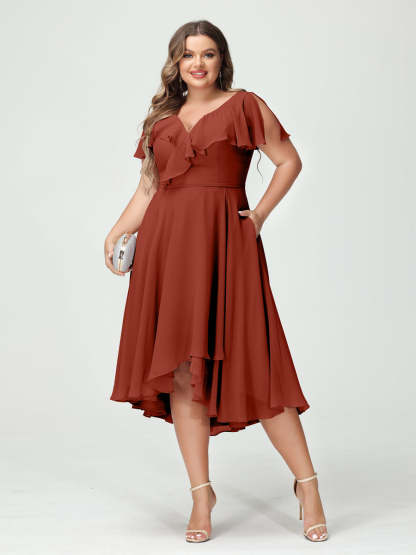 Plus Size Chiffon Bridesmaid Dress with V-Neck, Short Sleeves, and High-Low A-Line/Princess Silhouette featuring Pockets & Ruffles-BMbridal.UK