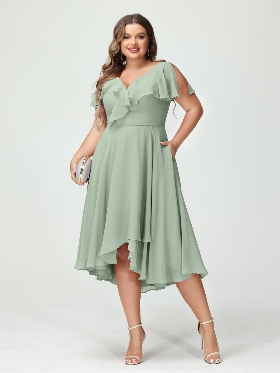 Plus Size Chiffon Bridesmaid Dress with V-Neck, Short Sleeves, and High-Low A-Line/Princess Silhouette featuring Pockets & Ruffles-BMbridal.UK