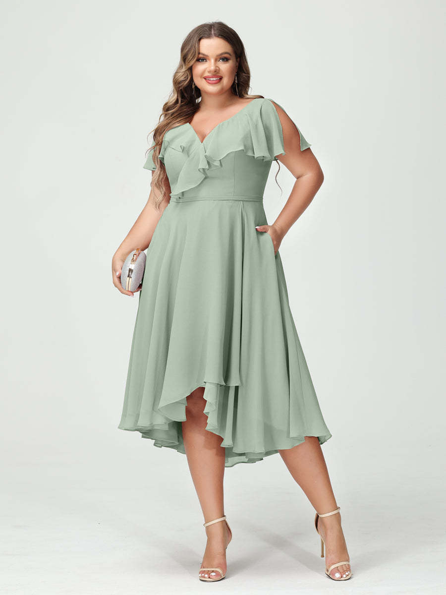 Plus Size Chiffon Bridesmaid Dress with V-Neck, Short Sleeves, and High-Low A-Line/Princess Silhouette featuring Pockets & Ruffles-BMbridal.UK