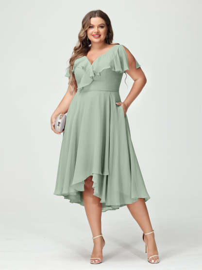 Plus Size Chiffon Bridesmaid Dress with V-Neck, Short Sleeves, and High-Low A-Line/Princess Silhouette featuring Pockets & Ruffles-BMbridal.UK