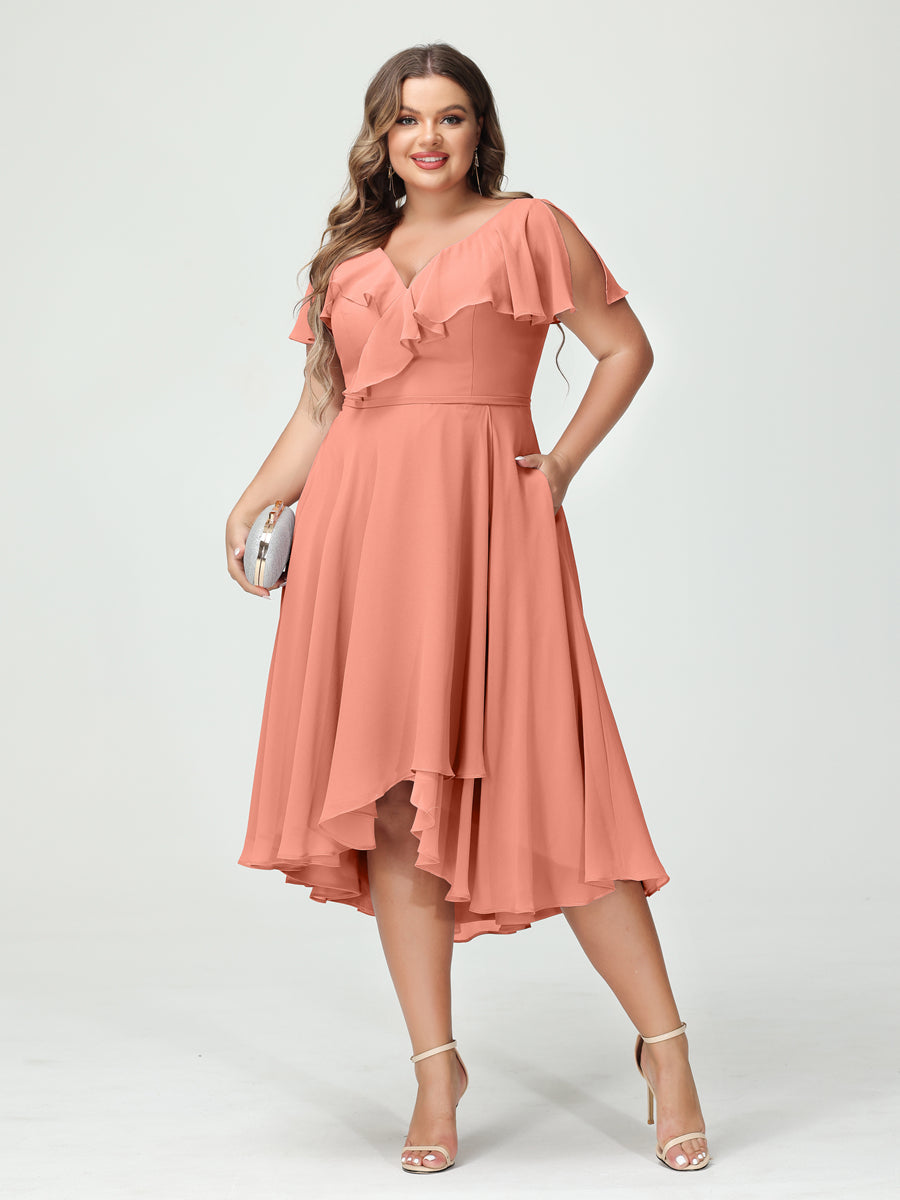 Plus Size Chiffon Bridesmaid Dress with V-Neck, Short Sleeves, and High-Low A-Line/Princess Silhouette featuring Pockets & Ruffles-BMbridal.UK