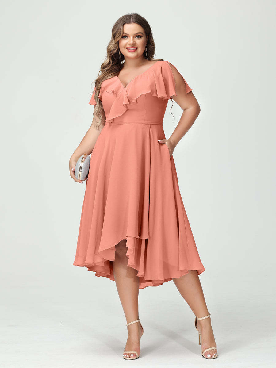 Plus Size Chiffon Bridesmaid Dress with V-Neck, Short Sleeves, and High-Low A-Line/Princess Silhouette featuring Pockets & Ruffles-BMbridal.UK