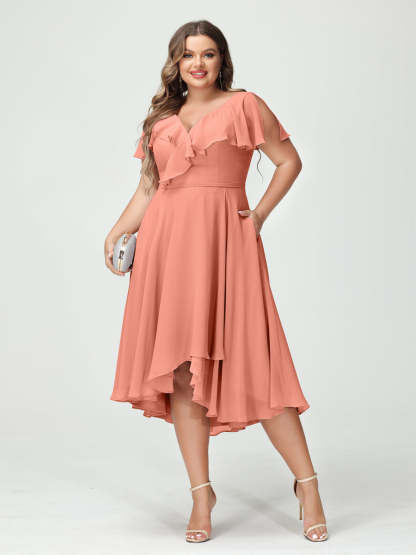 Plus Size Chiffon Bridesmaid Dress with V-Neck, Short Sleeves, and High-Low A-Line/Princess Silhouette featuring Pockets & Ruffles-BMbridal.UK