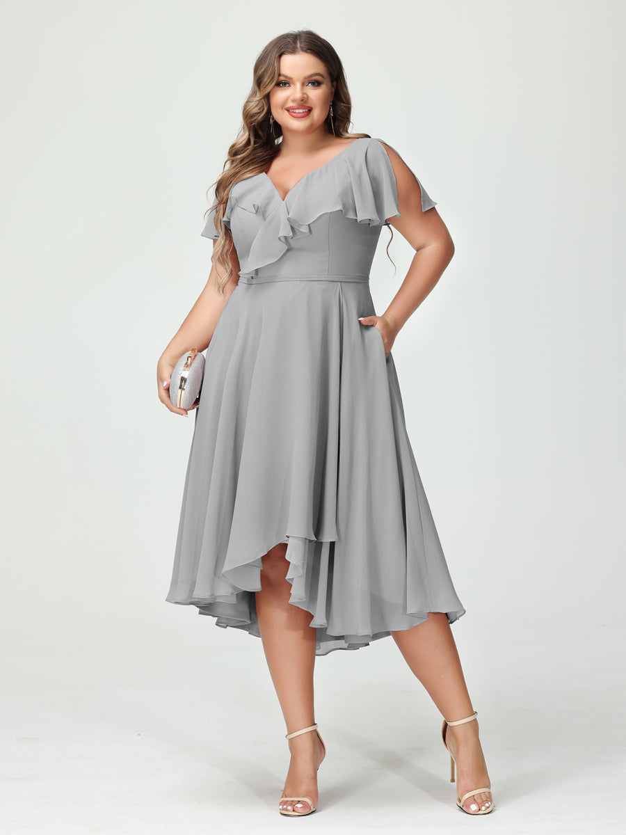 Plus Size Chiffon Bridesmaid Dress with V-Neck, Short Sleeves, and High-Low A-Line/Princess Silhouette featuring Pockets & Ruffles-BMbridal.UK