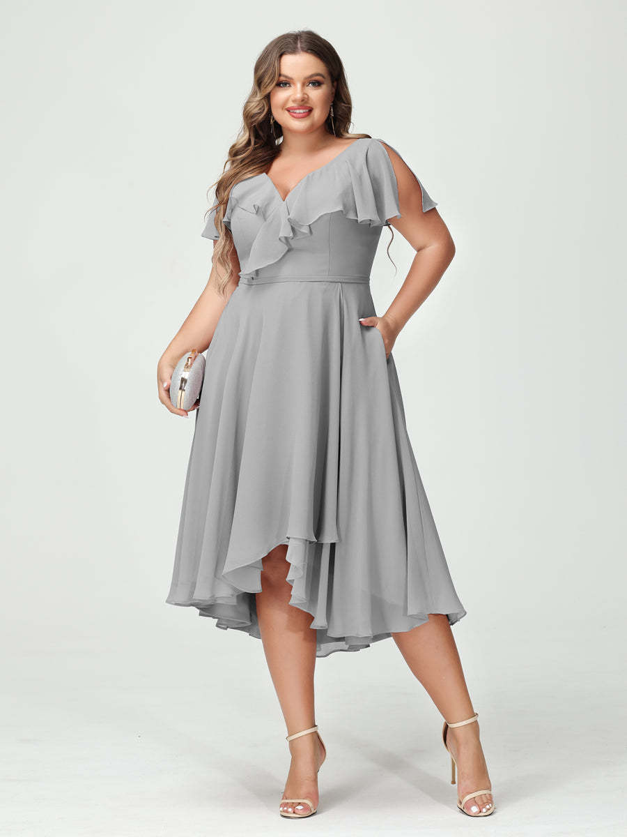 Plus Size Chiffon Bridesmaid Dress with V-Neck, Short Sleeves, and High-Low A-Line/Princess Silhouette featuring Pockets & Ruffles-BMbridal.UK