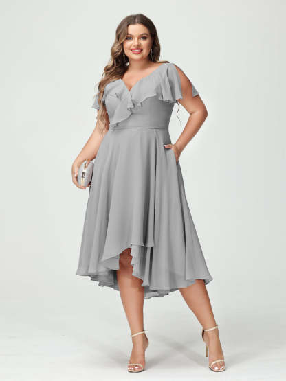 Plus Size Chiffon Bridesmaid Dress with V-Neck, Short Sleeves, and High-Low A-Line/Princess Silhouette featuring Pockets & Ruffles-BMbridal.UK
