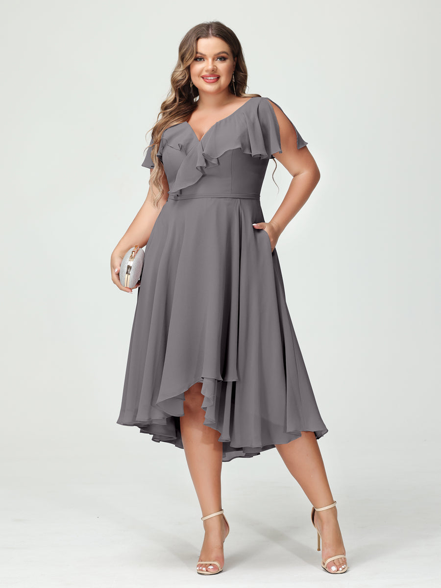Plus Size Chiffon Bridesmaid Dress with V-Neck, Short Sleeves, and High-Low A-Line/Princess Silhouette featuring Pockets & Ruffles-BMbridal.UK
