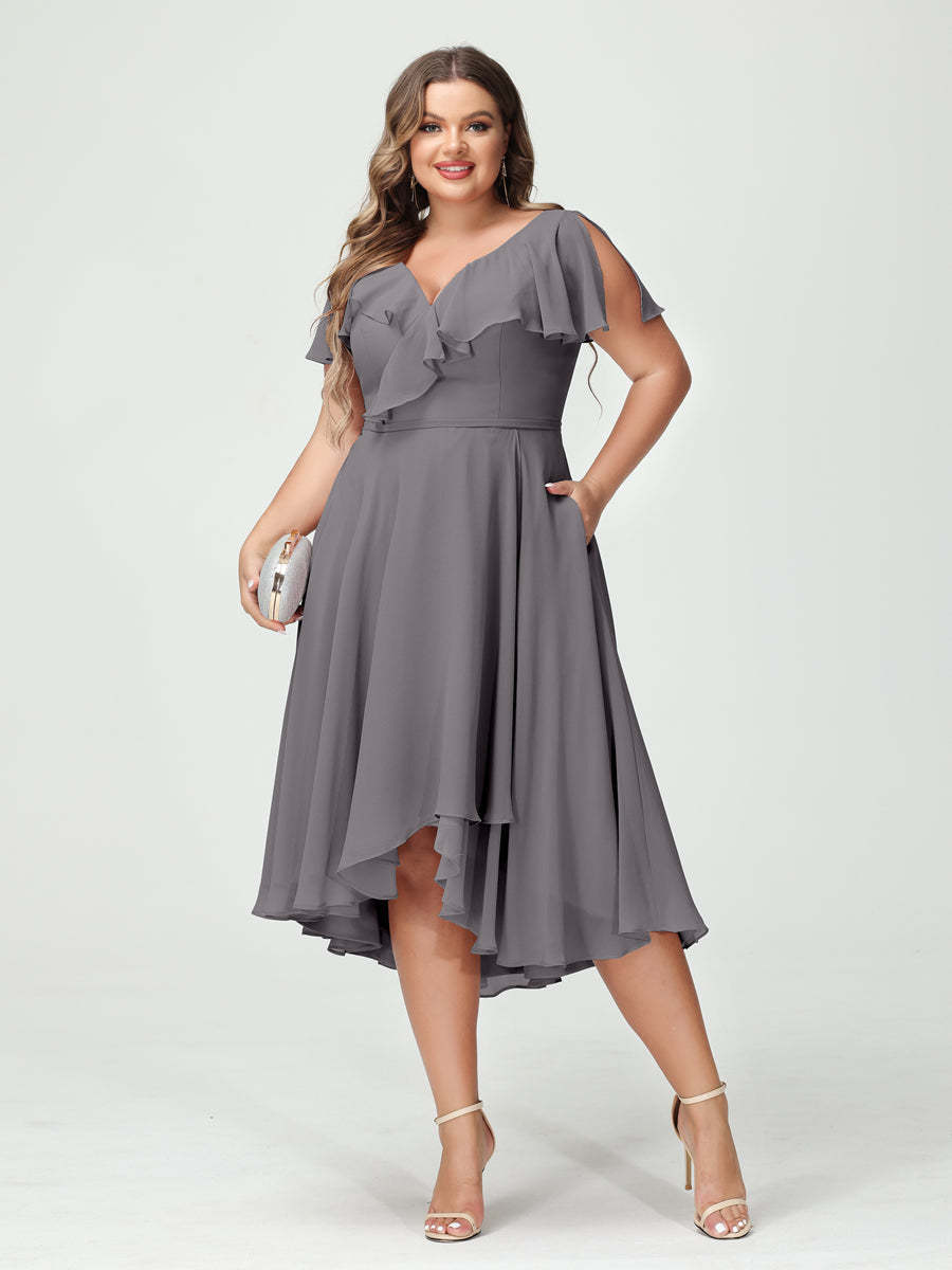 Plus Size Chiffon Bridesmaid Dress with V-Neck, Short Sleeves, and High-Low A-Line/Princess Silhouette featuring Pockets & Ruffles-BMbridal.UK