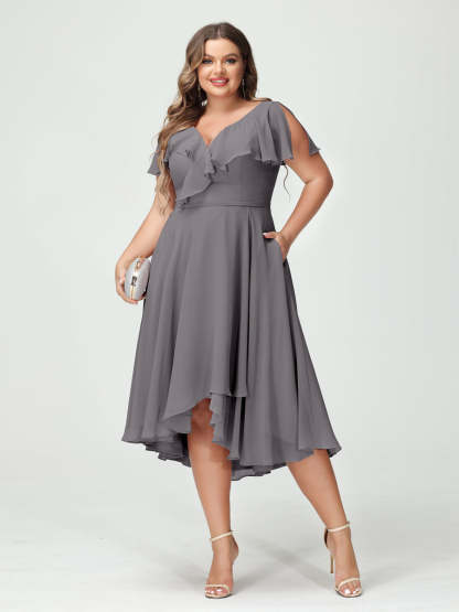 Plus Size Chiffon Bridesmaid Dress with V-Neck, Short Sleeves, and High-Low A-Line/Princess Silhouette featuring Pockets & Ruffles-BMbridal.UK