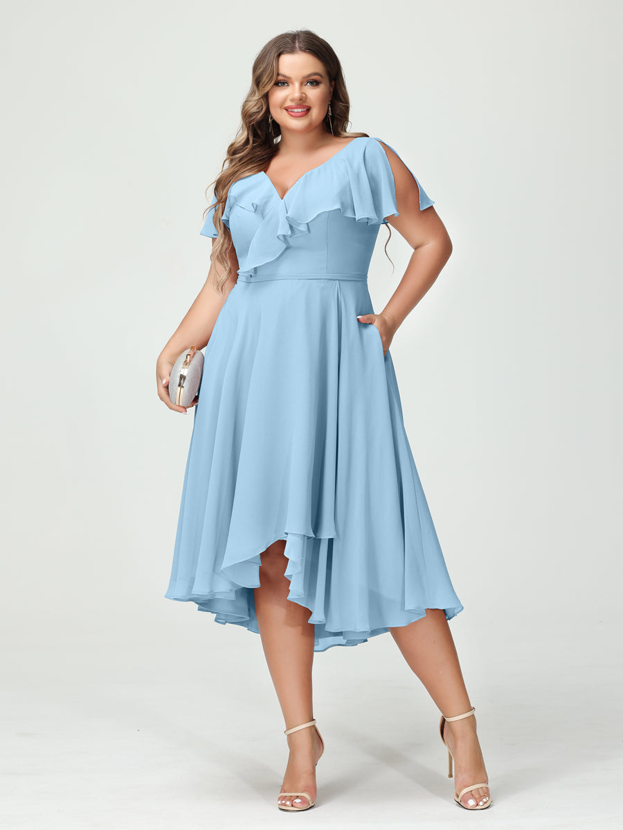 Plus Size Chiffon Bridesmaid Dress with V-Neck, Short Sleeves, and High-Low A-Line/Princess Silhouette featuring Pockets & Ruffles-BMbridal.UK