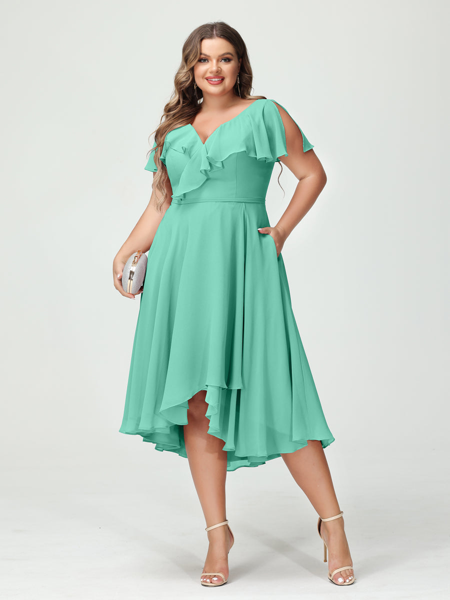 Plus Size Chiffon Bridesmaid Dress with V-Neck, Short Sleeves, and High-Low A-Line/Princess Silhouette featuring Pockets & Ruffles-BMbridal.UK