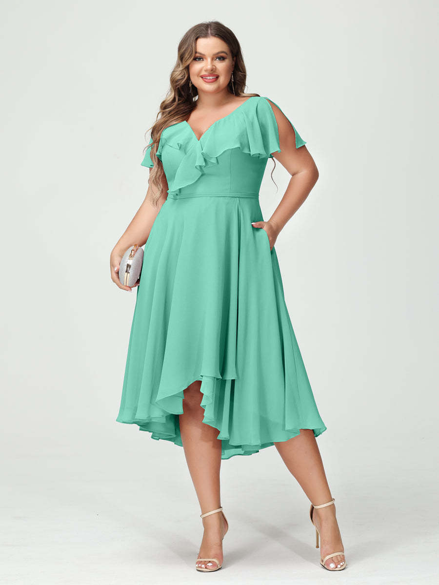 Plus Size Chiffon Bridesmaid Dress with V-Neck, Short Sleeves, and High-Low A-Line/Princess Silhouette featuring Pockets & Ruffles-BMbridal.UK