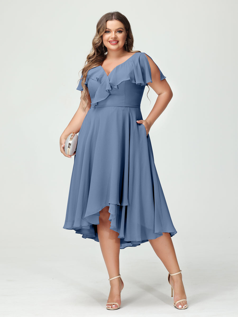 Plus Size Chiffon Bridesmaid Dress with V-Neck, Short Sleeves, and High-Low A-Line/Princess Silhouette featuring Pockets & Ruffles-BMbridal.UK