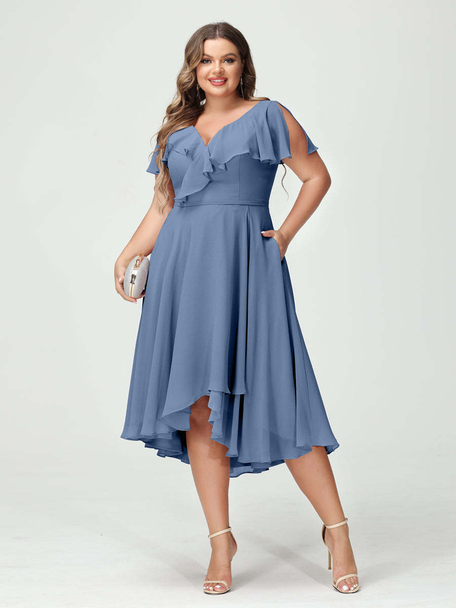 Plus Size Chiffon Bridesmaid Dress with V-Neck, Short Sleeves, and High-Low A-Line/Princess Silhouette featuring Pockets & Ruffles-BMbridal.UK