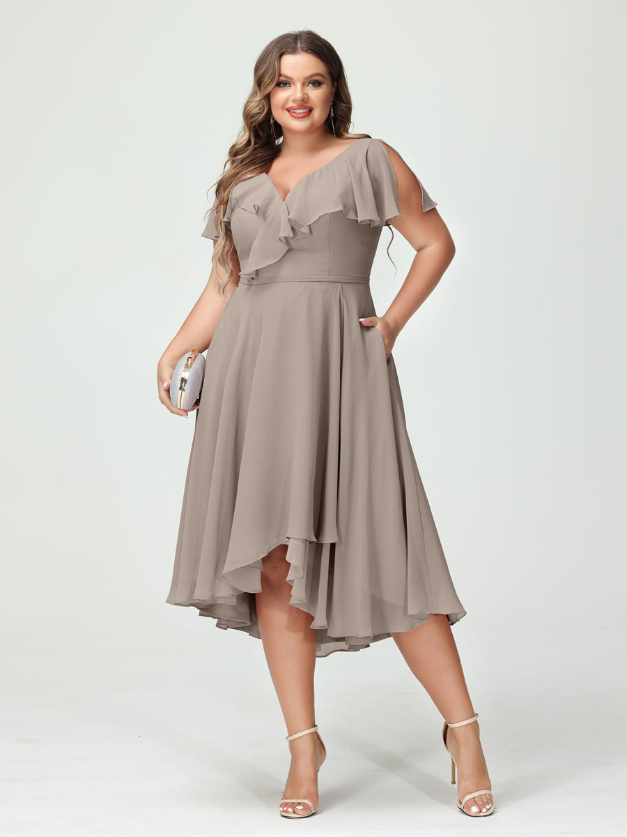 Plus Size Chiffon Bridesmaid Dress with V-Neck, Short Sleeves, and High-Low A-Line/Princess Silhouette featuring Pockets & Ruffles-BMbridal.UK