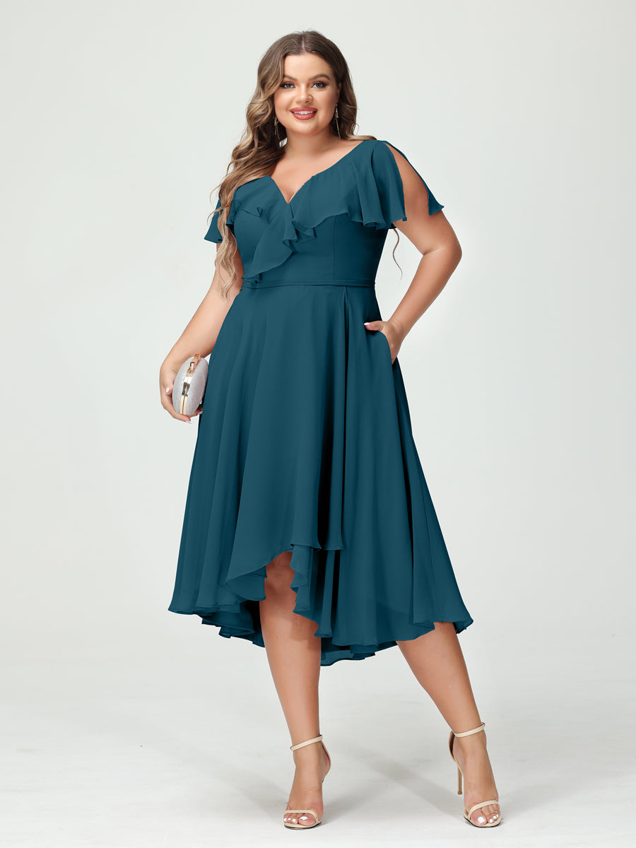 Plus Size Chiffon Bridesmaid Dress with V-Neck, Short Sleeves, and High-Low A-Line/Princess Silhouette featuring Pockets & Ruffles-BMbridal.UK