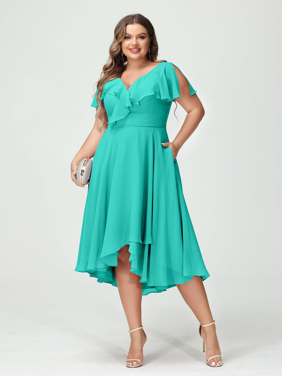 Plus Size Chiffon Bridesmaid Dress with V-Neck, Short Sleeves, and High-Low A-Line/Princess Silhouette featuring Pockets & Ruffles-BMbridal.UK
