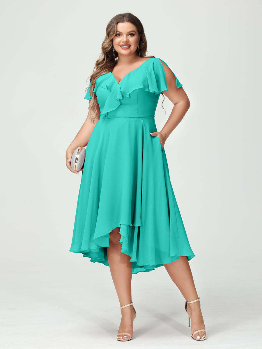 Plus Size Chiffon Bridesmaid Dress with V-Neck, Short Sleeves, and High-Low A-Line/Princess Silhouette featuring Pockets & Ruffles-BMbridal.UK