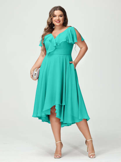 Plus Size Chiffon Bridesmaid Dress with V-Neck, Short Sleeves, and High-Low A-Line/Princess Silhouette featuring Pockets & Ruffles-BMbridal.UK