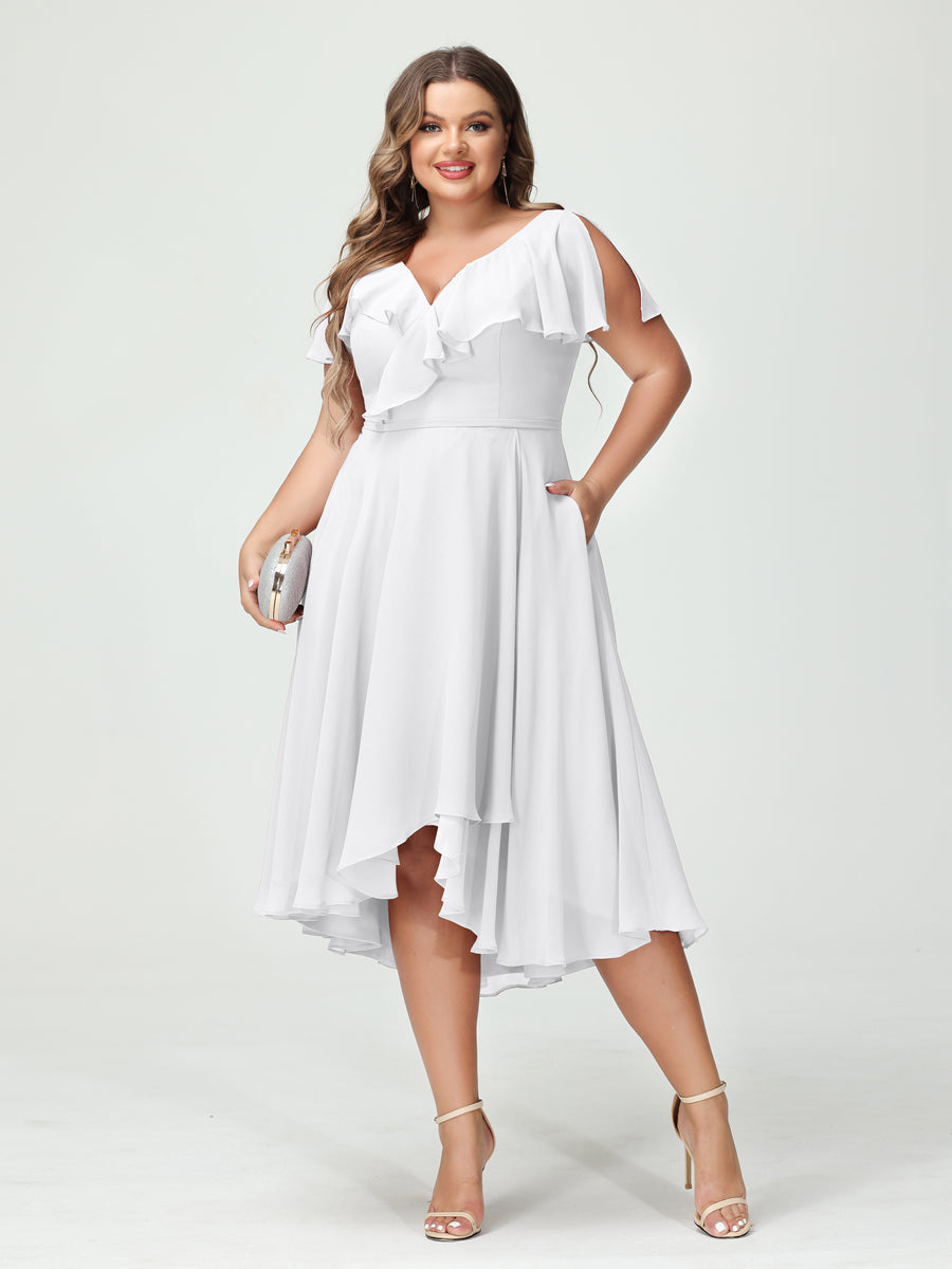 Plus Size Chiffon Bridesmaid Dress with V-Neck, Short Sleeves, and High-Low A-Line/Princess Silhouette featuring Pockets & Ruffles-BMbridal.UK