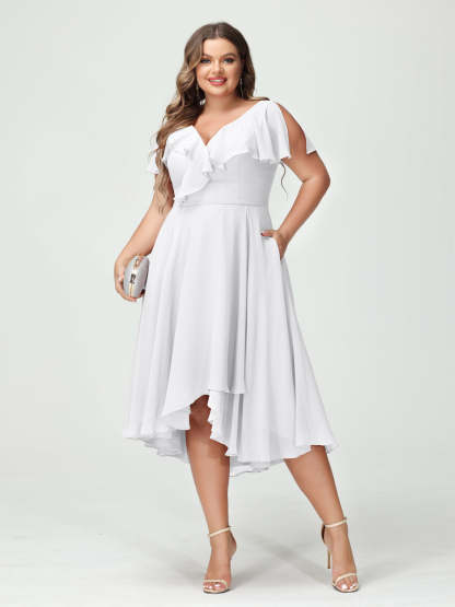 Plus Size Chiffon Bridesmaid Dress with V-Neck, Short Sleeves, and High-Low A-Line/Princess Silhouette featuring Pockets & Ruffles-BMbridal.UK