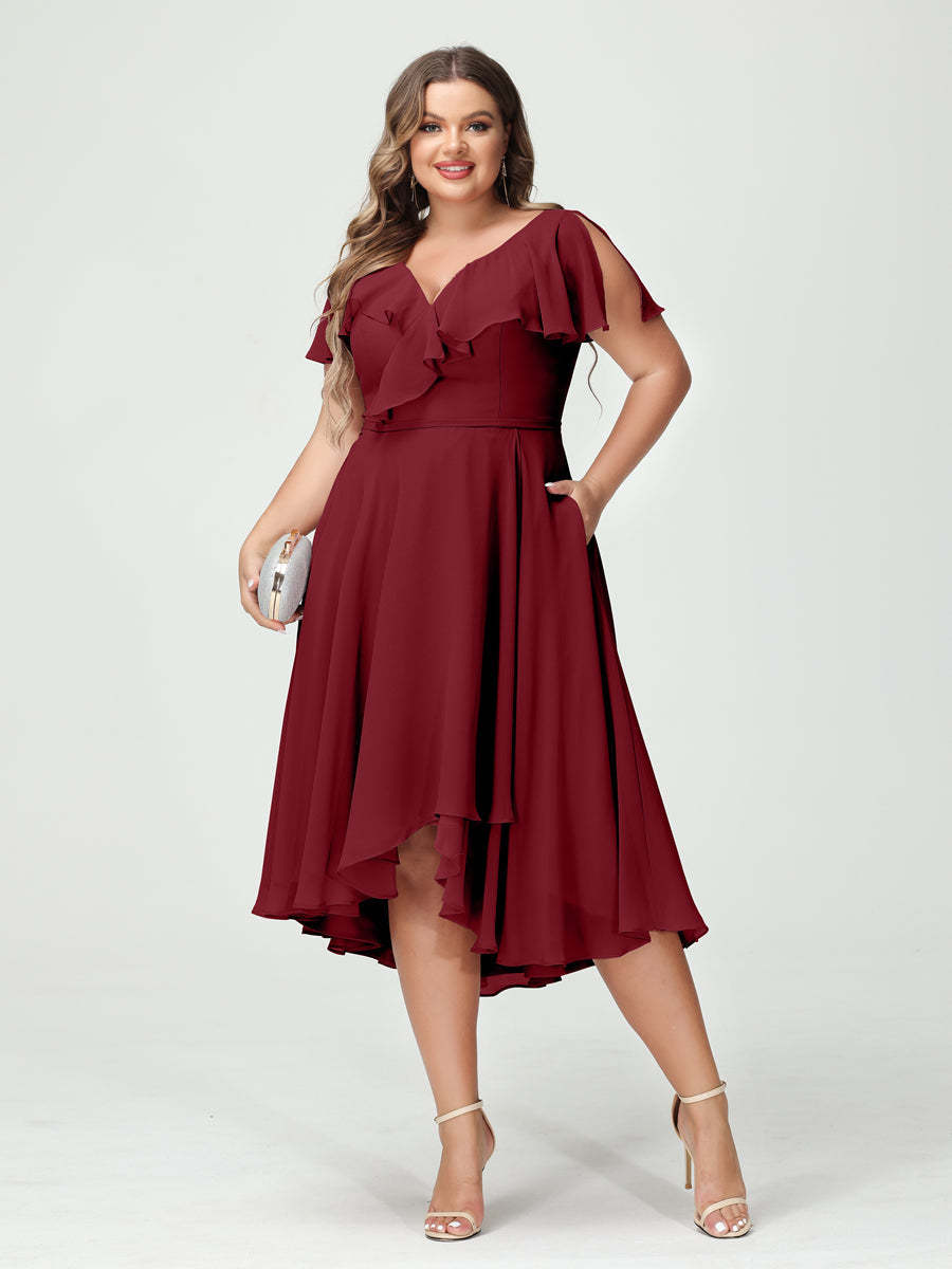 Plus Size Chiffon Bridesmaid Dress with V-Neck, Short Sleeves, and High-Low A-Line/Princess Silhouette featuring Pockets & Ruffles-BMbridal.UK