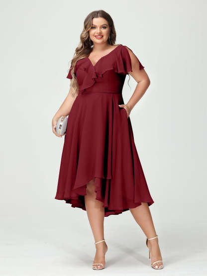 Plus Size Chiffon Bridesmaid Dress with V-Neck, Short Sleeves, and High-Low A-Line/Princess Silhouette featuring Pockets & Ruffles-BMbridal.UK