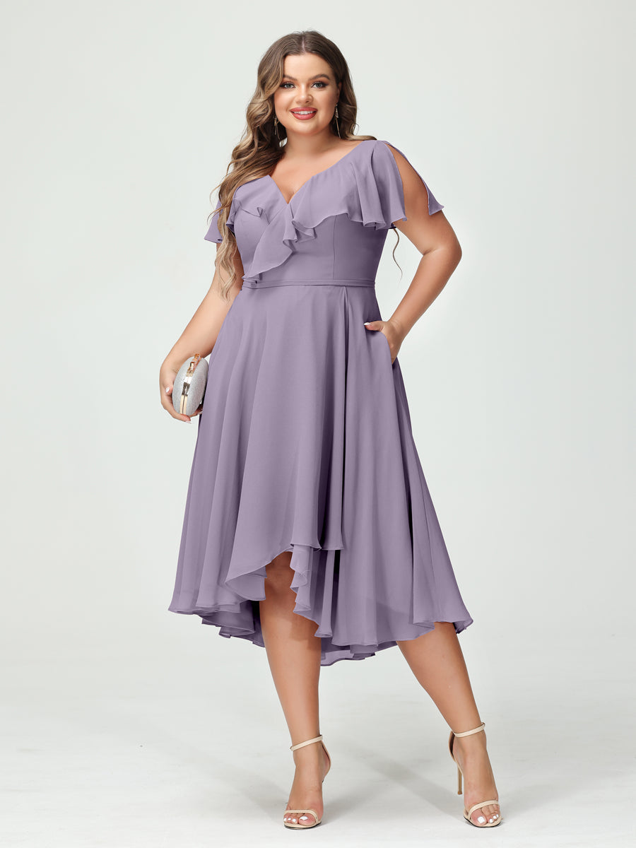 Plus Size Chiffon Bridesmaid Dress with V-Neck, Short Sleeves, and High-Low A-Line/Princess Silhouette featuring Pockets & Ruffles-BMbridal.UK