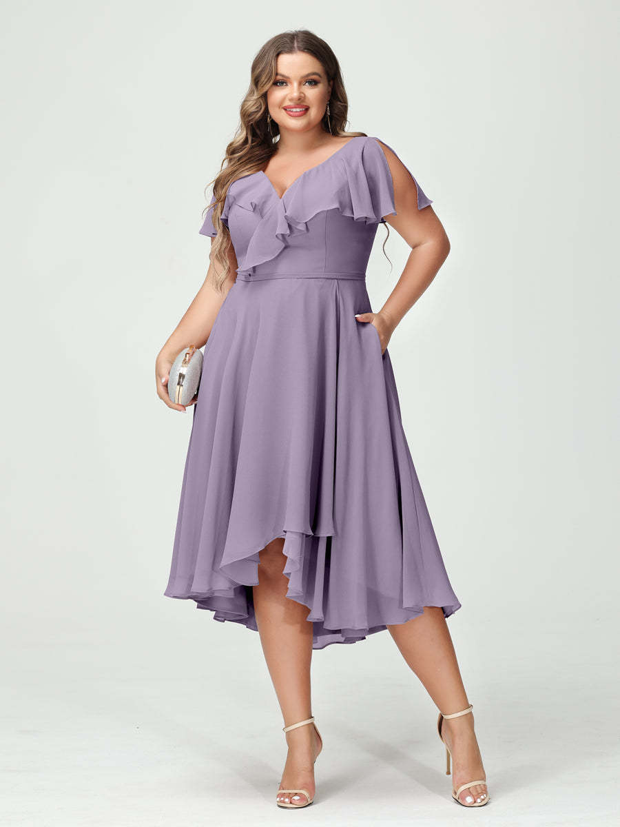 Plus Size Chiffon Bridesmaid Dress with V-Neck, Short Sleeves, and High-Low A-Line/Princess Silhouette featuring Pockets & Ruffles-BMbridal.UK