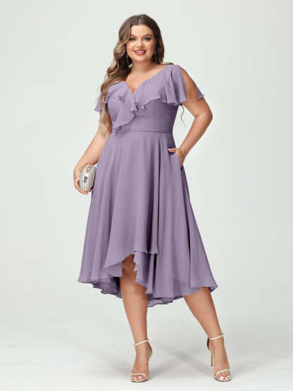 Plus Size Chiffon Bridesmaid Dress with V-Neck, Short Sleeves, and High-Low A-Line/Princess Silhouette featuring Pockets & Ruffles-BMbridal.UK