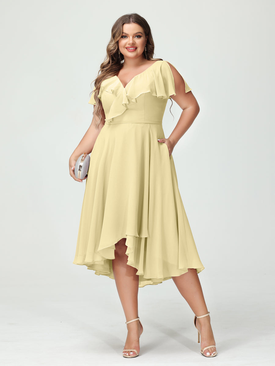 Plus Size Chiffon Bridesmaid Dress with V-Neck, Short Sleeves, and High-Low A-Line/Princess Silhouette featuring Pockets & Ruffles-BMbridal.UK