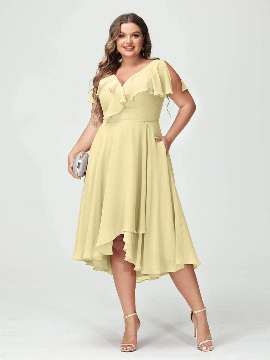 Plus Size Chiffon Bridesmaid Dress with V-Neck, Short Sleeves, and High-Low A-Line/Princess Silhouette featuring Pockets & Ruffles-BMbridal.UK