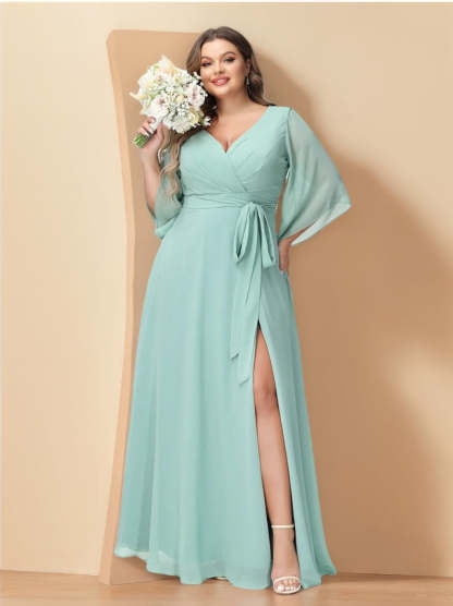 Plus Size Chiffon Bridesmaid Dress with Pockets - A-Line Princess V-Neck Long Sleeves & Side Split
