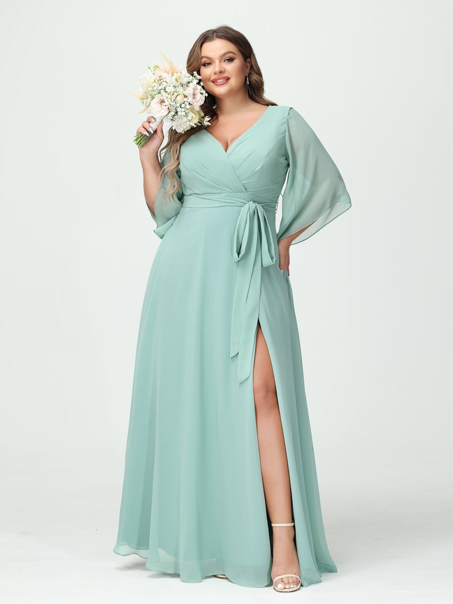 Plus Size Chiffon Bridesmaid Dress with Pockets - A-Line Princess V-Neck Long Sleeves & Side Split