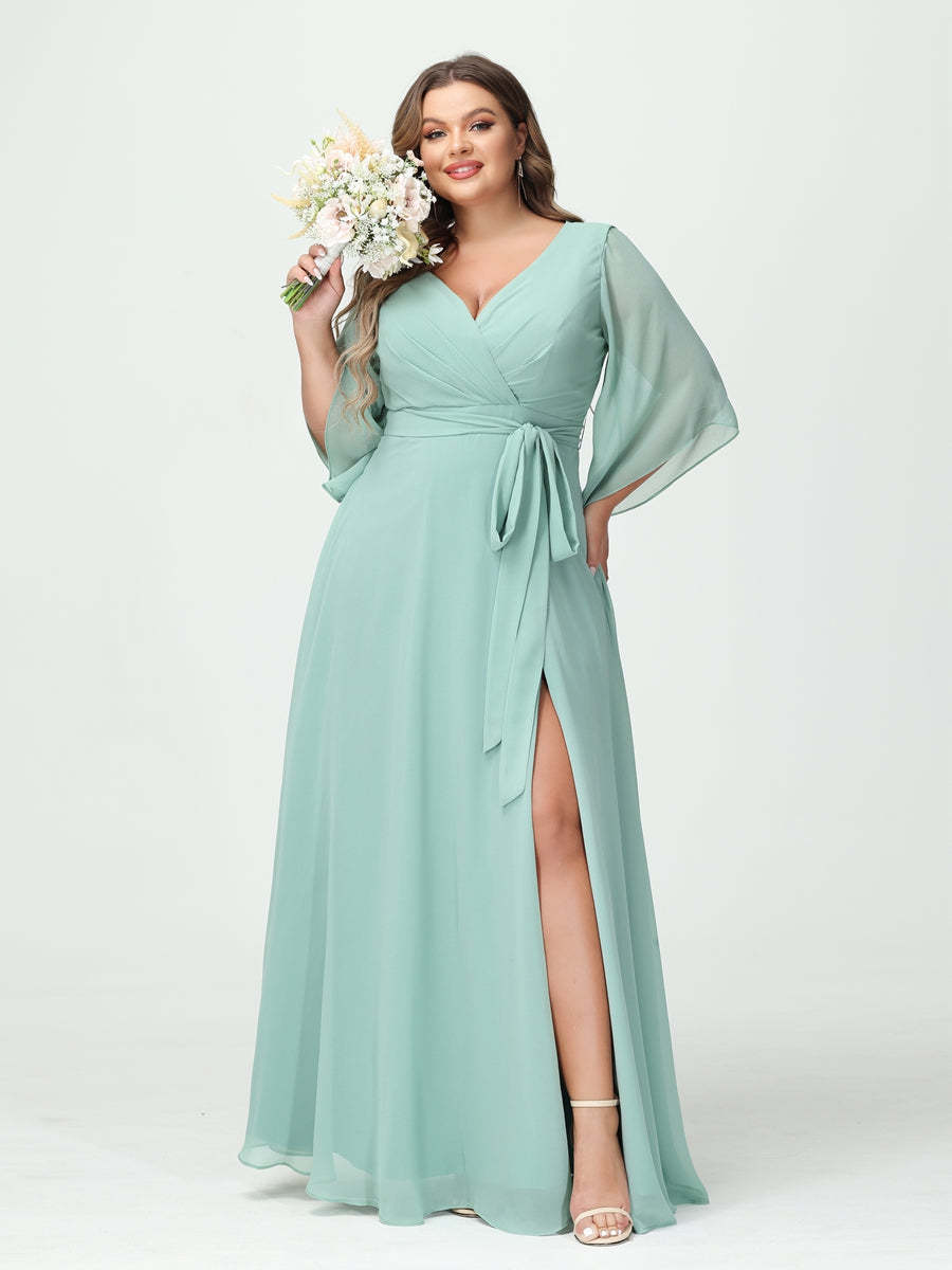 Plus Size Chiffon Bridesmaid Dress with Pockets - A-Line Princess V-Neck Long Sleeves & Side Split