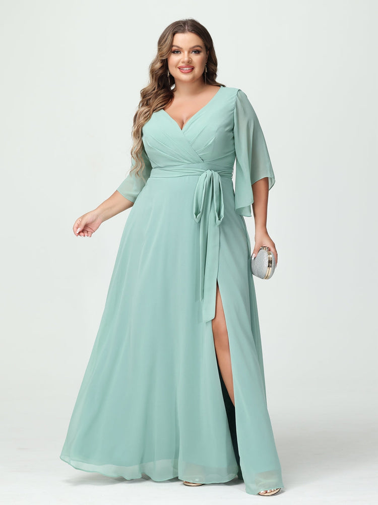 Plus Size Chiffon Bridesmaid Dress with Pockets - A-Line Princess V-Neck Long Sleeves & Side Split