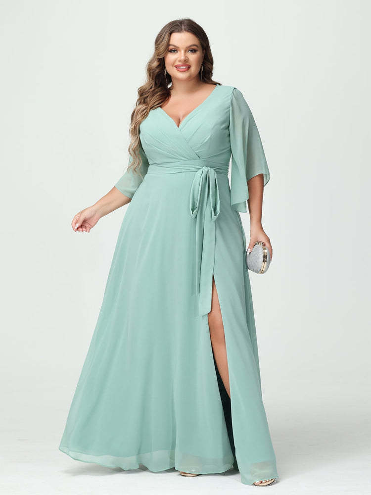 Plus Size Chiffon Bridesmaid Dress with Pockets - A-Line Princess V-Neck Long Sleeves & Side Split