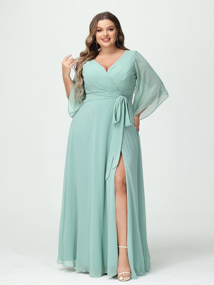 Plus Size Chiffon Bridesmaid Dress with Pockets - A-Line Princess V-Neck Long Sleeves & Side Split