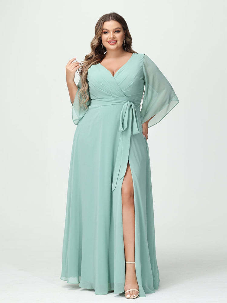 Plus Size Chiffon Bridesmaid Dress with Pockets - A-Line Princess V-Neck Long Sleeves & Side Split