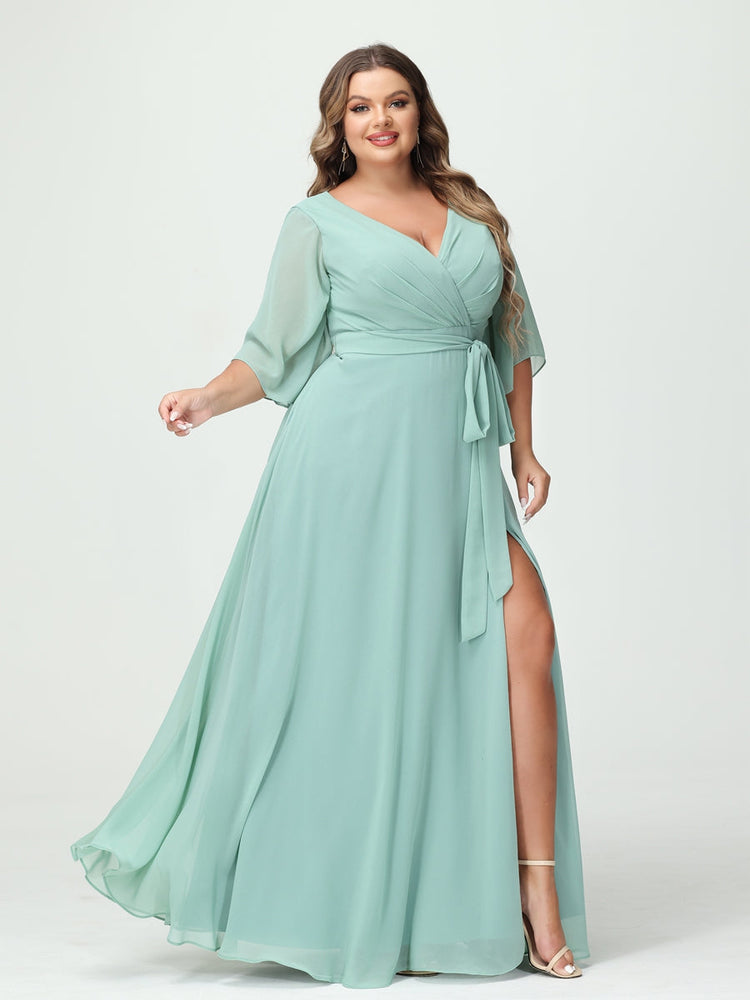 Plus Size Chiffon Bridesmaid Dress with Pockets - A-Line Princess V-Neck Long Sleeves & Side Split